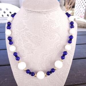 Beaded Necklace in Cobalt Blue Glass with White Porcelain and Gold Tone Clasp